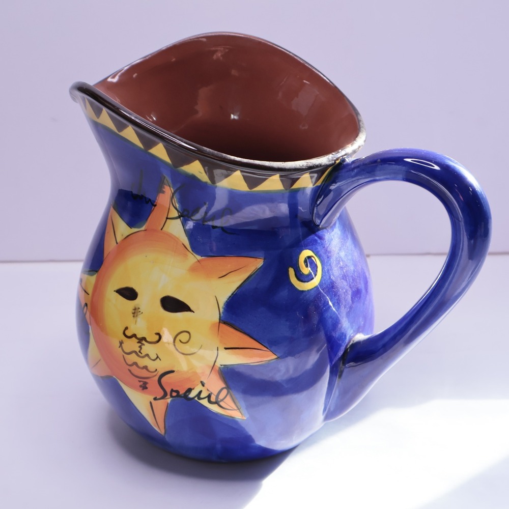 Hausenware Celestial Sun Moon Pitcher Blue Ceramic Soleil Etoile‎ 8 Inch